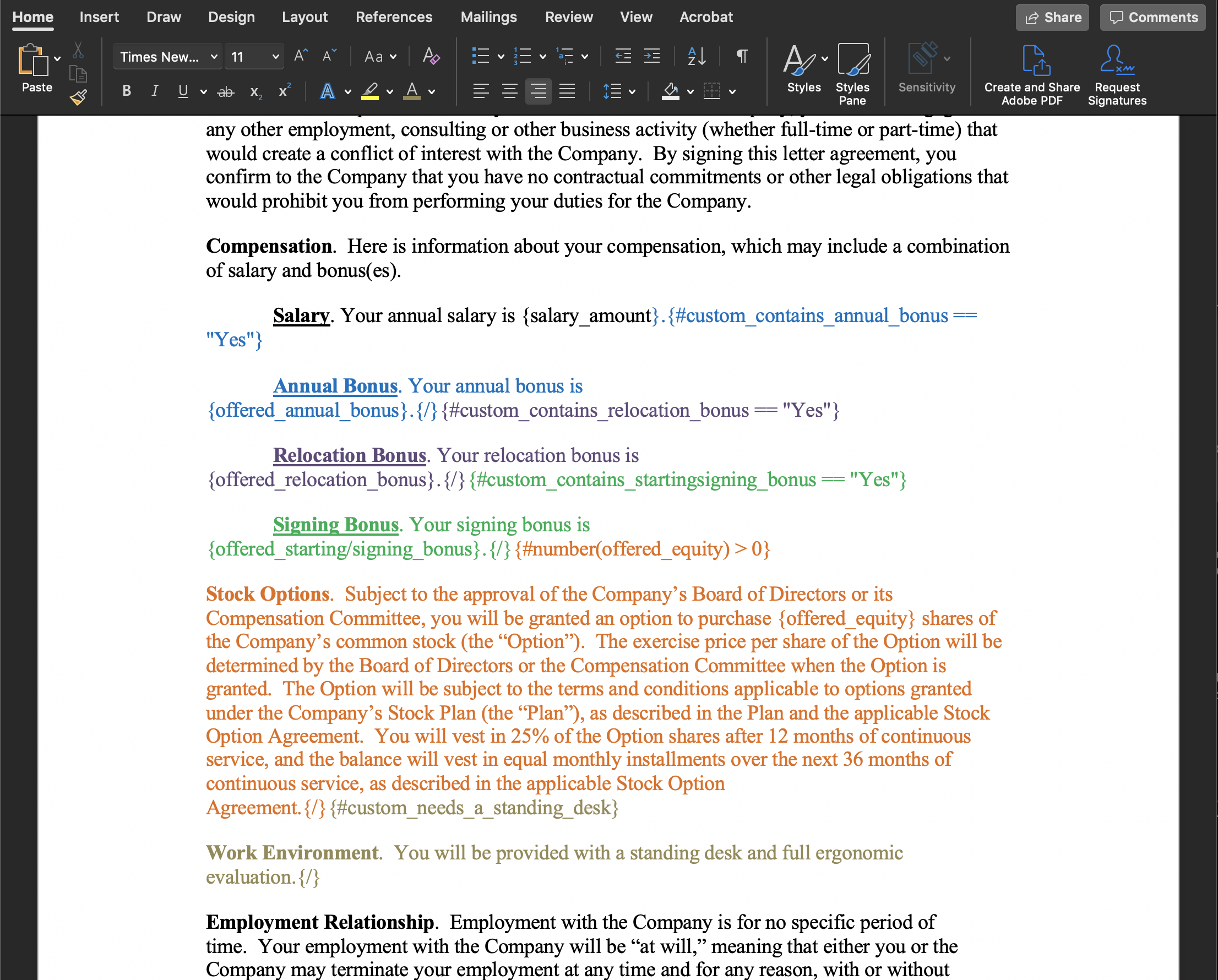 Using dynamic sections in offer letter templates