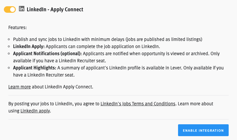 Enabling and using the LinkedIn Apply Connect Integration