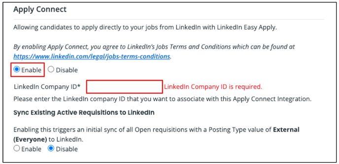 LinkedIn Integrations Configuration – Apply Connect