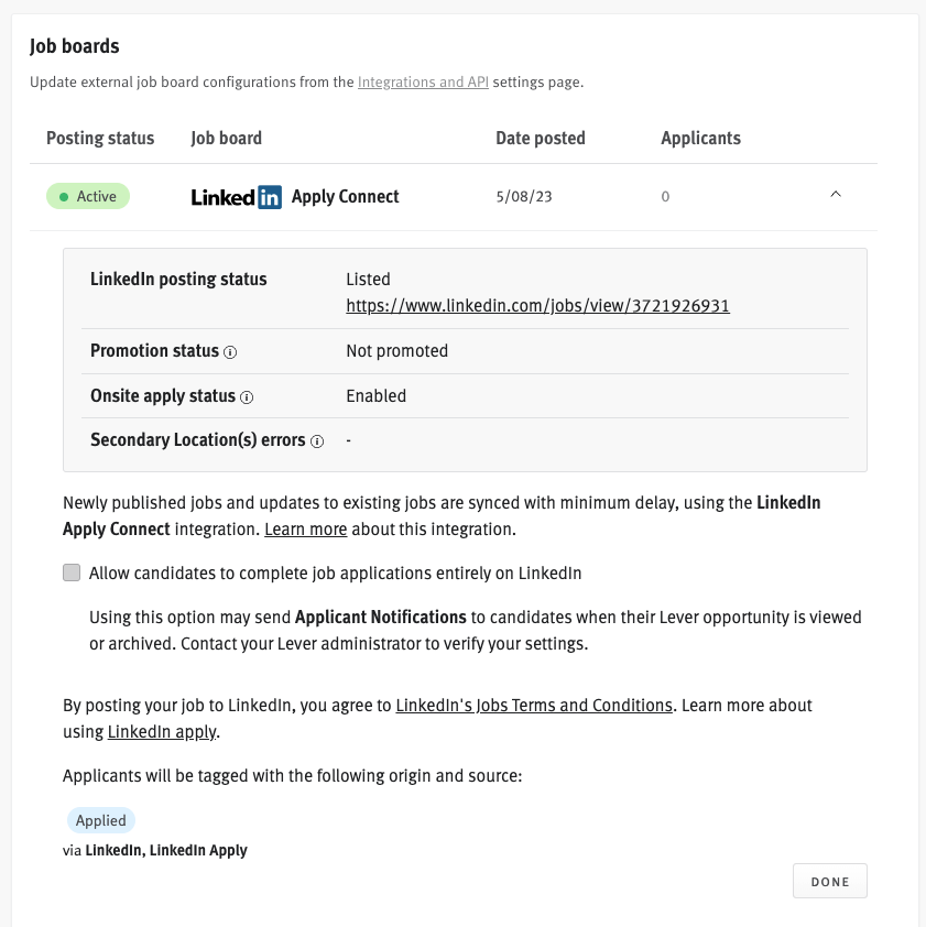 Enabling and using the LinkedIn Apply Connect Integration