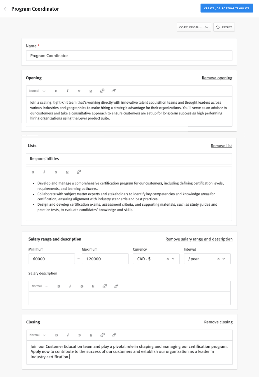 Creating and using job posting templates