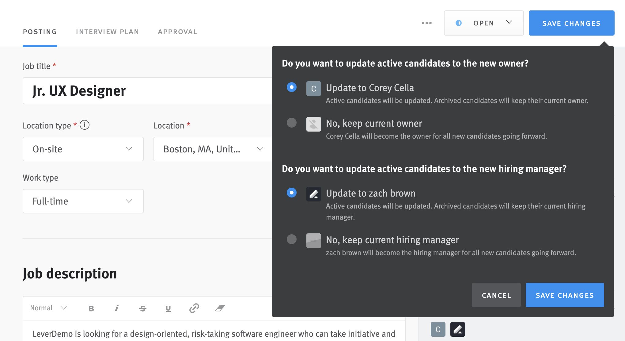 Changing the posting owner or hiring manager on job postings