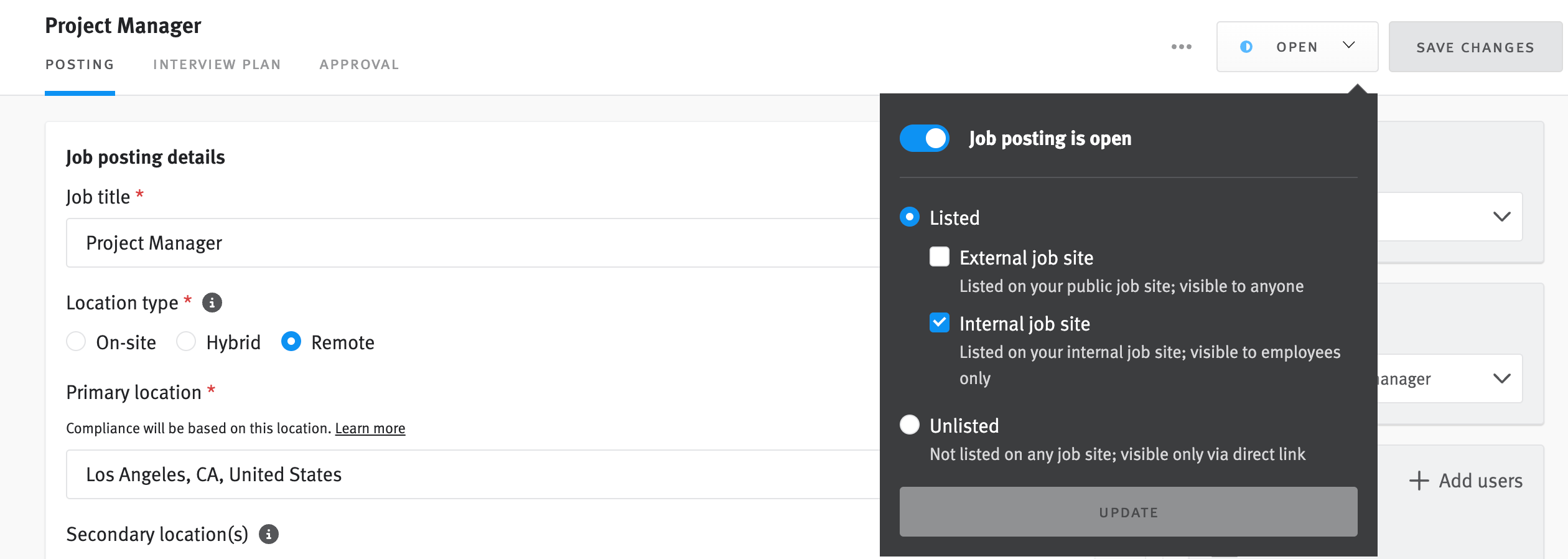 Publishing postings to your internal job site