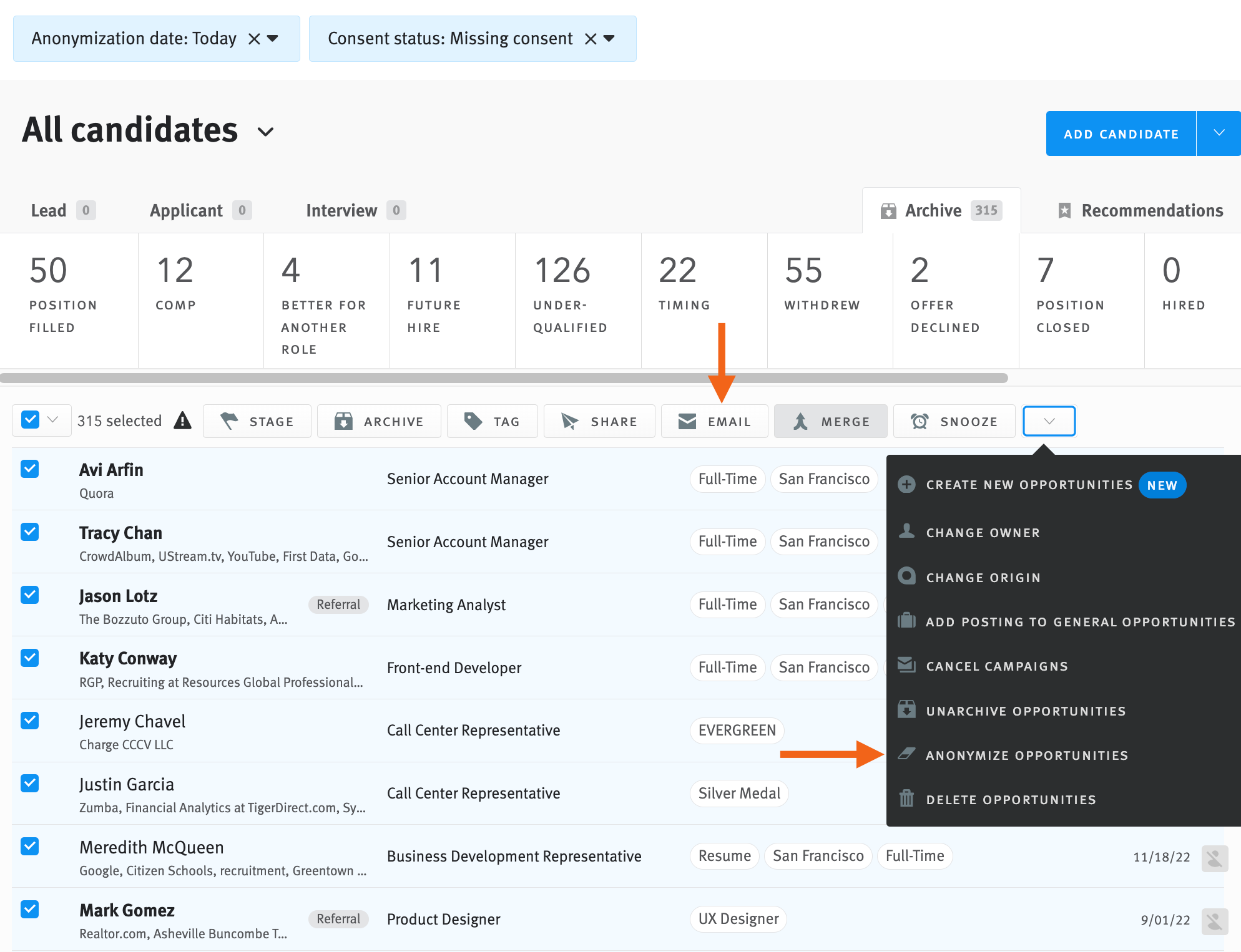 Filtering and searching for candidates based on consent status