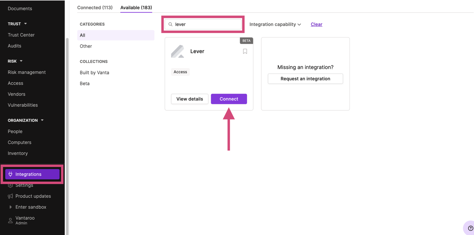 Enabling and using the Vanta integration