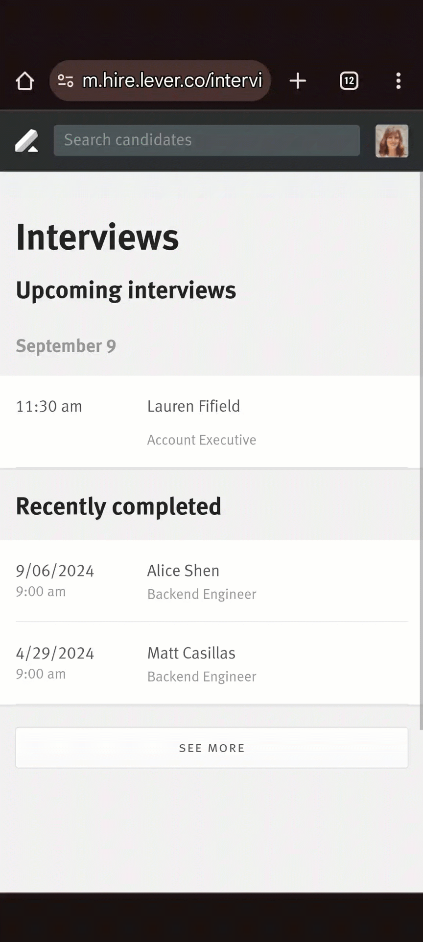 Viewing candidate profiles on a mobile device