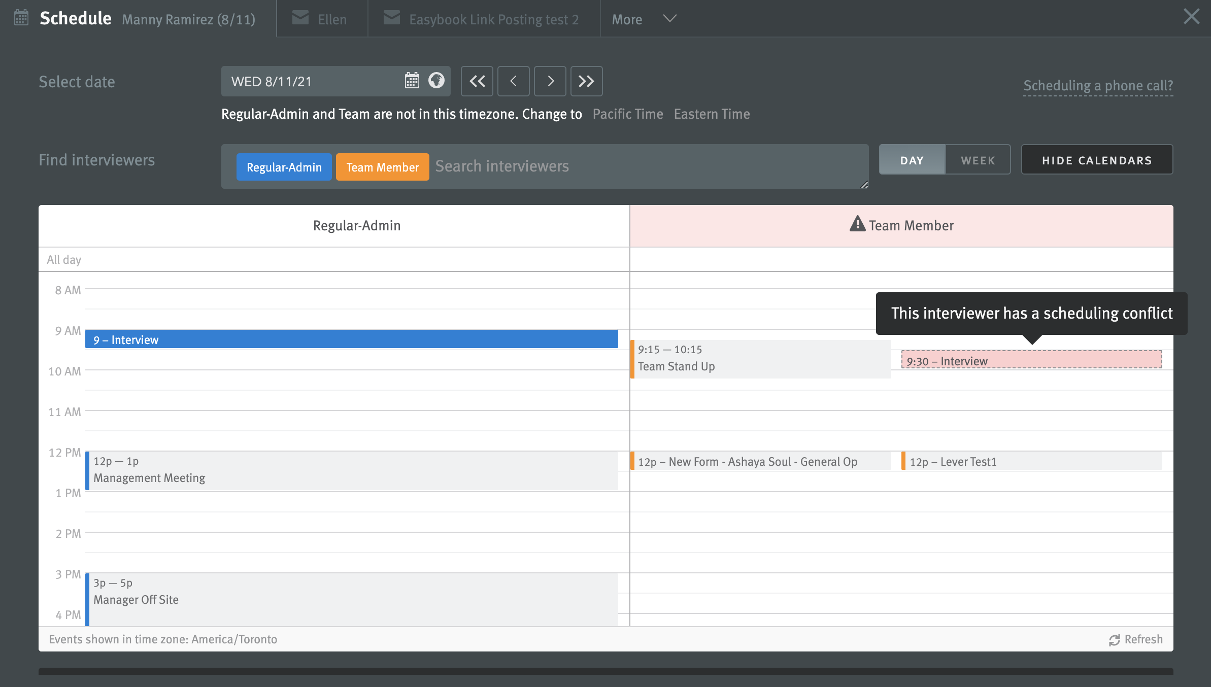 Viewing interviewer availability when scheduling interviews