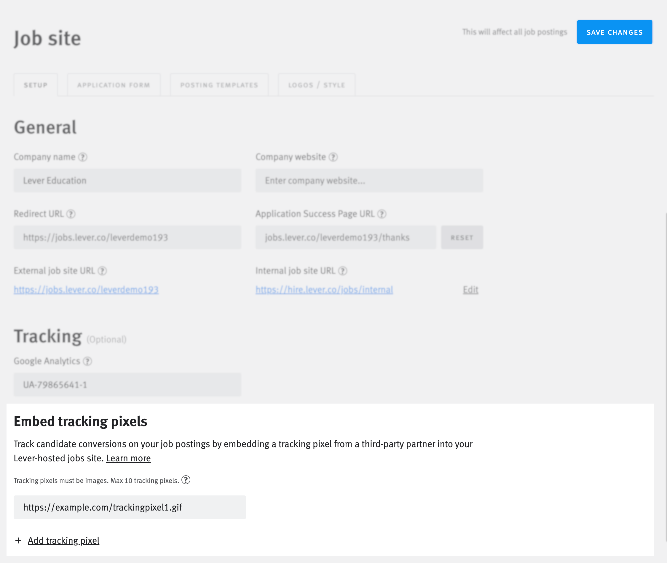 Embedding tracking pixels in your Lever-hosted job site