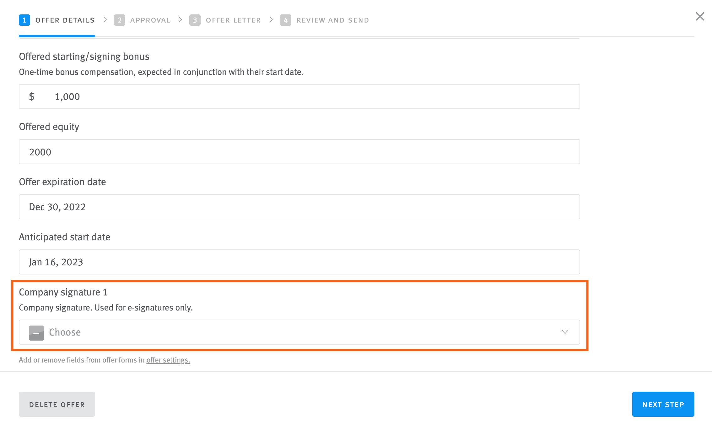 Adding a company signature field to offers (Adobe Sign and DocuSign)