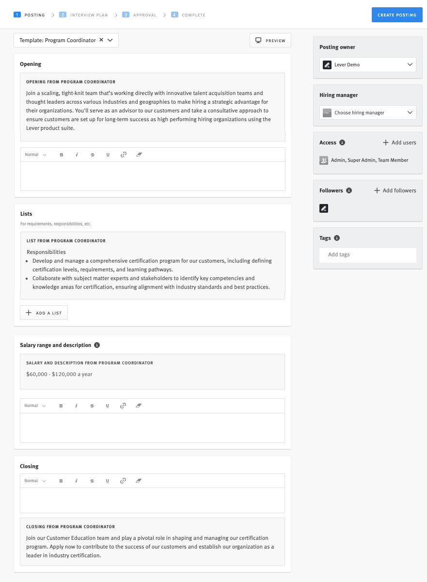 Creating and using job posting templates