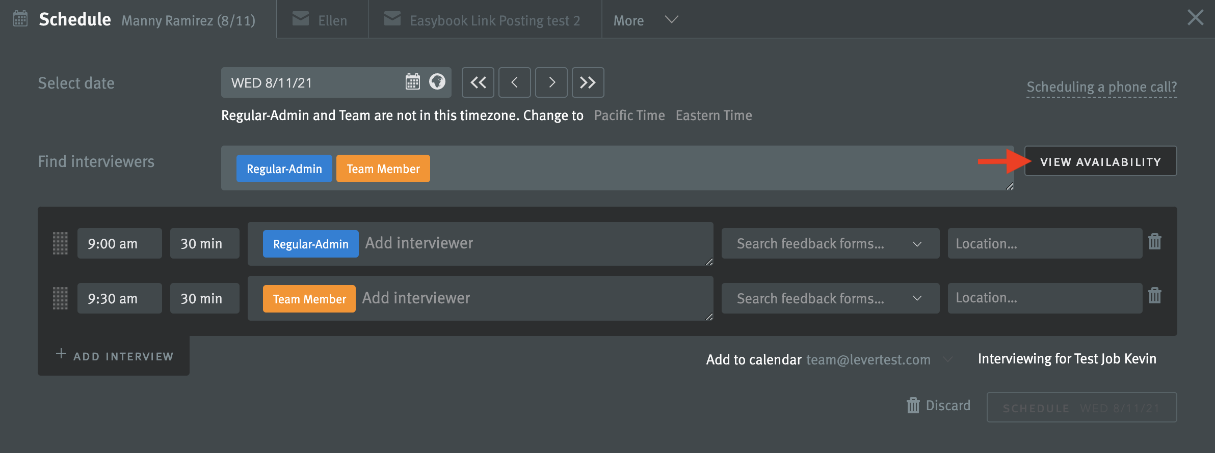 Viewing interviewer availability when scheduling interviews