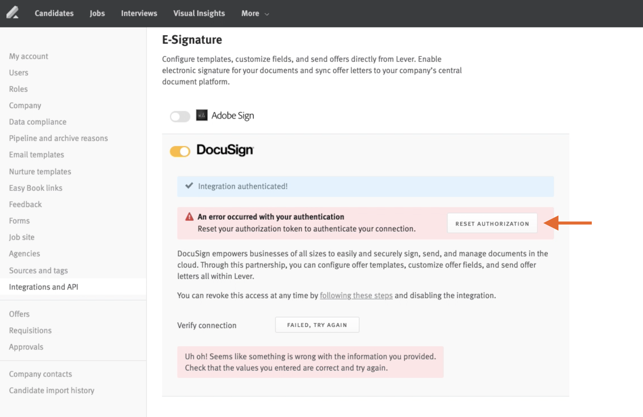 Enabling the DocuSign e-signature integration