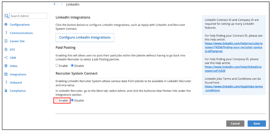 Configure LinkedIn Recruiter System Connect (RSC)